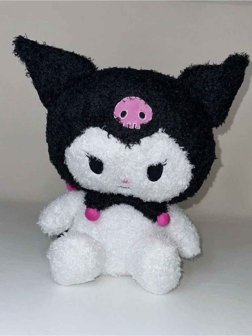 Black and White Plush Cat Toy with Pink Accents - Cute Skull Design
